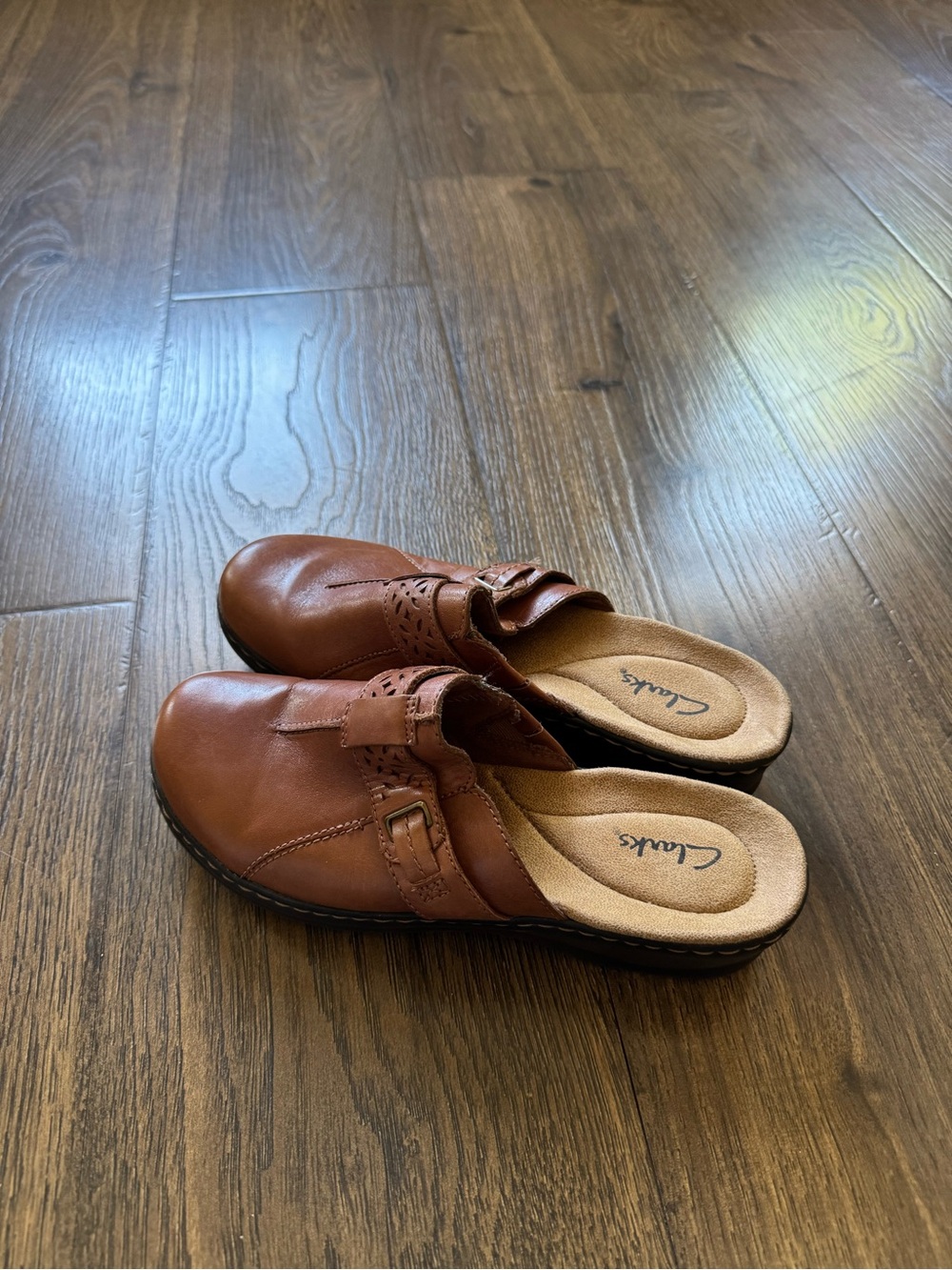 Clarks Women's Tan Leather Slip-On Clogs with Buckle Detail